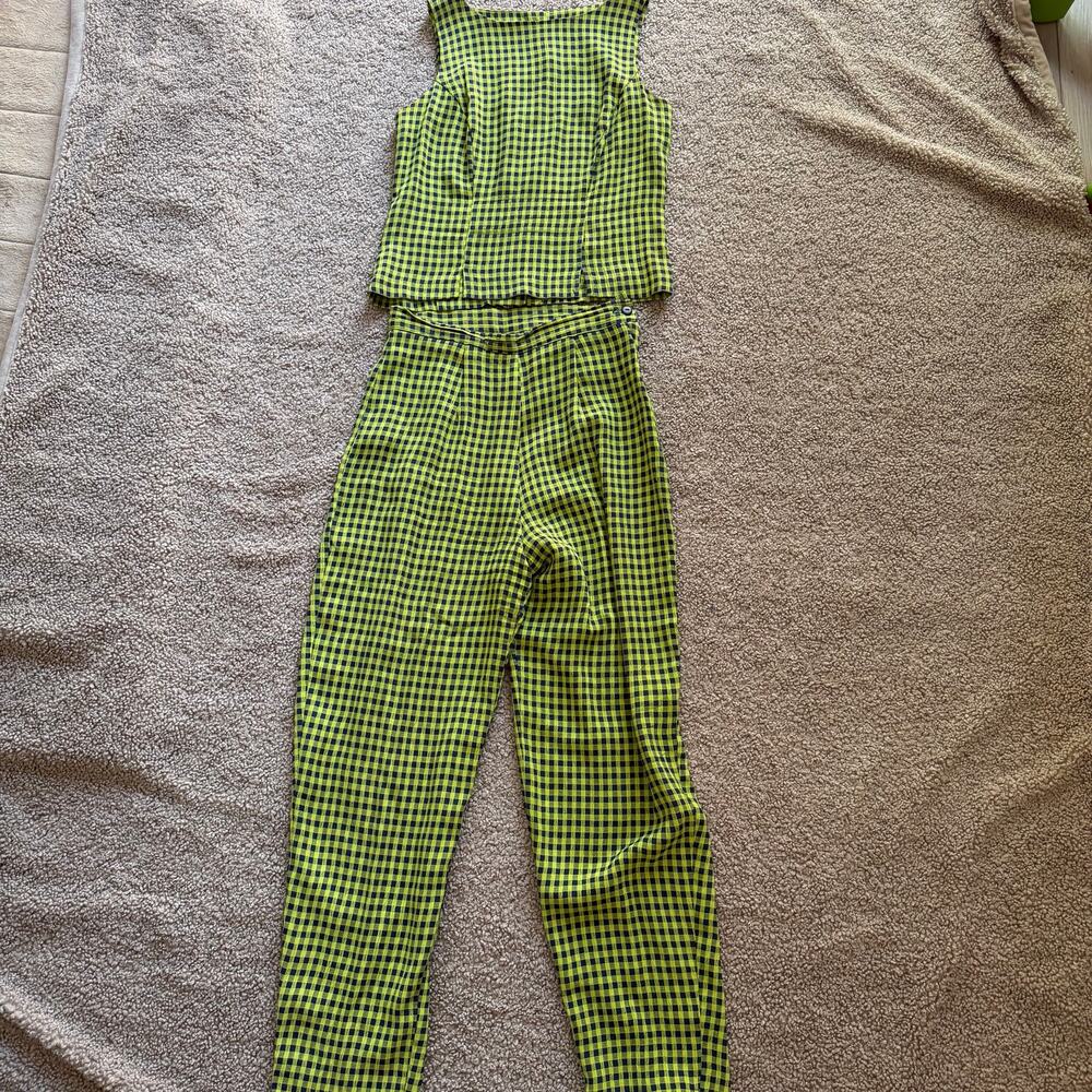 VTG Blondie and Me Sleeveless Top Pants Set Neon Green Navy Gingham Size 5/6